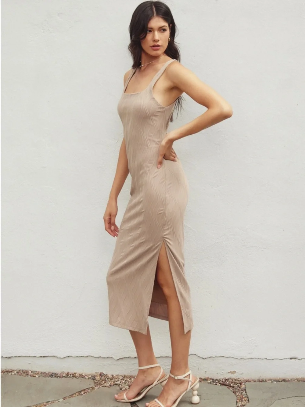 Texture Knit Square-Neck Midi Dress | Size Small - Picture 3 of 10